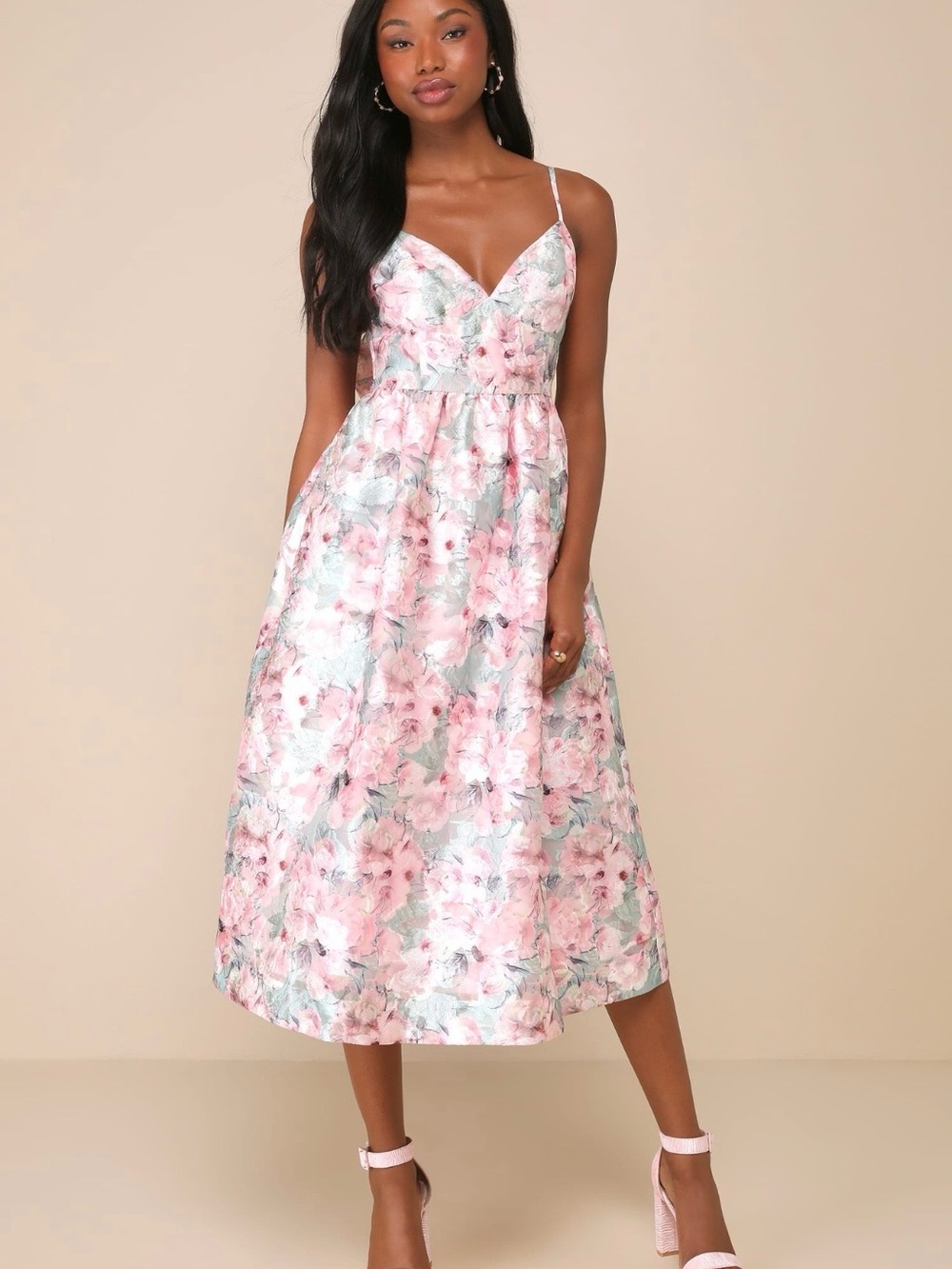 Lulu's Captivating Darling Green & Pink Floral Bow Midi Dress M NWT